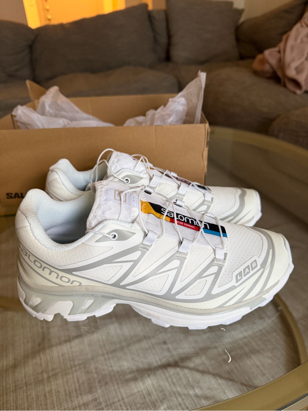 Salomon XT-6 White / Lunar Rock Trail Running Shoes Box Label